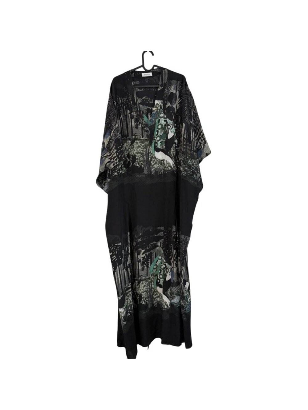 Ailanto Black Green Crane 100% Silk Caftan Vneck Maxi Dress Womens Size 8